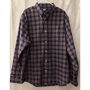 Lands' End XL Cotton Twill Button Down Shirt Red Blue Plaid Long Sleeve EUC